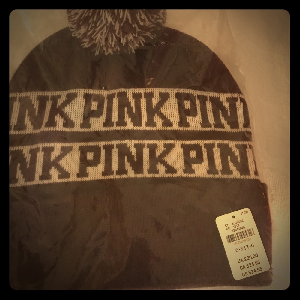 Pink!  Maroon and white beanie hat with Pom